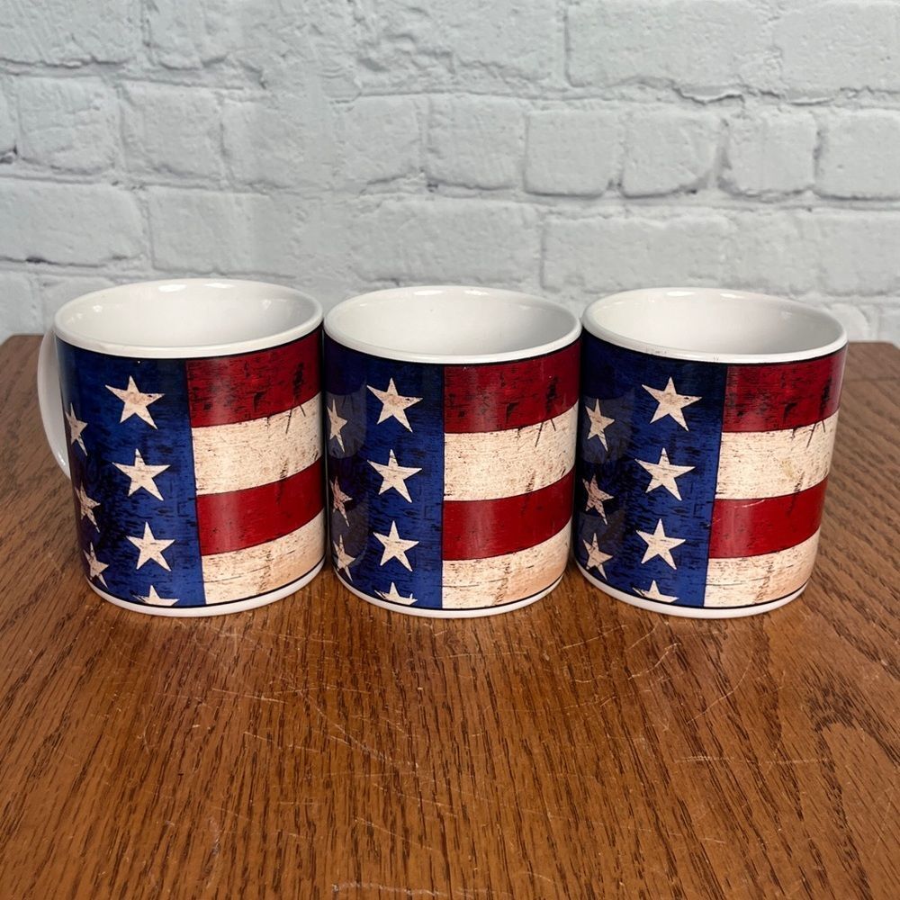 Warren Kimble 3 Flag Coffee Mugs Colonial EUC